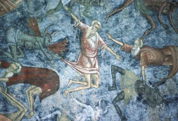 Pecadores arrastados por demônios, detalhe da pintura Escada do Céu, parede norte da igreja, c.1601